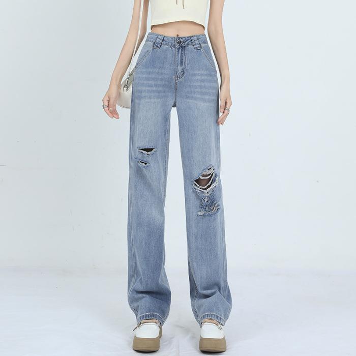 Straight Jeans for Women In Early Autumn New High-waisted Slimming Brushed Ripped Pants Narrow Wide-leg Pants