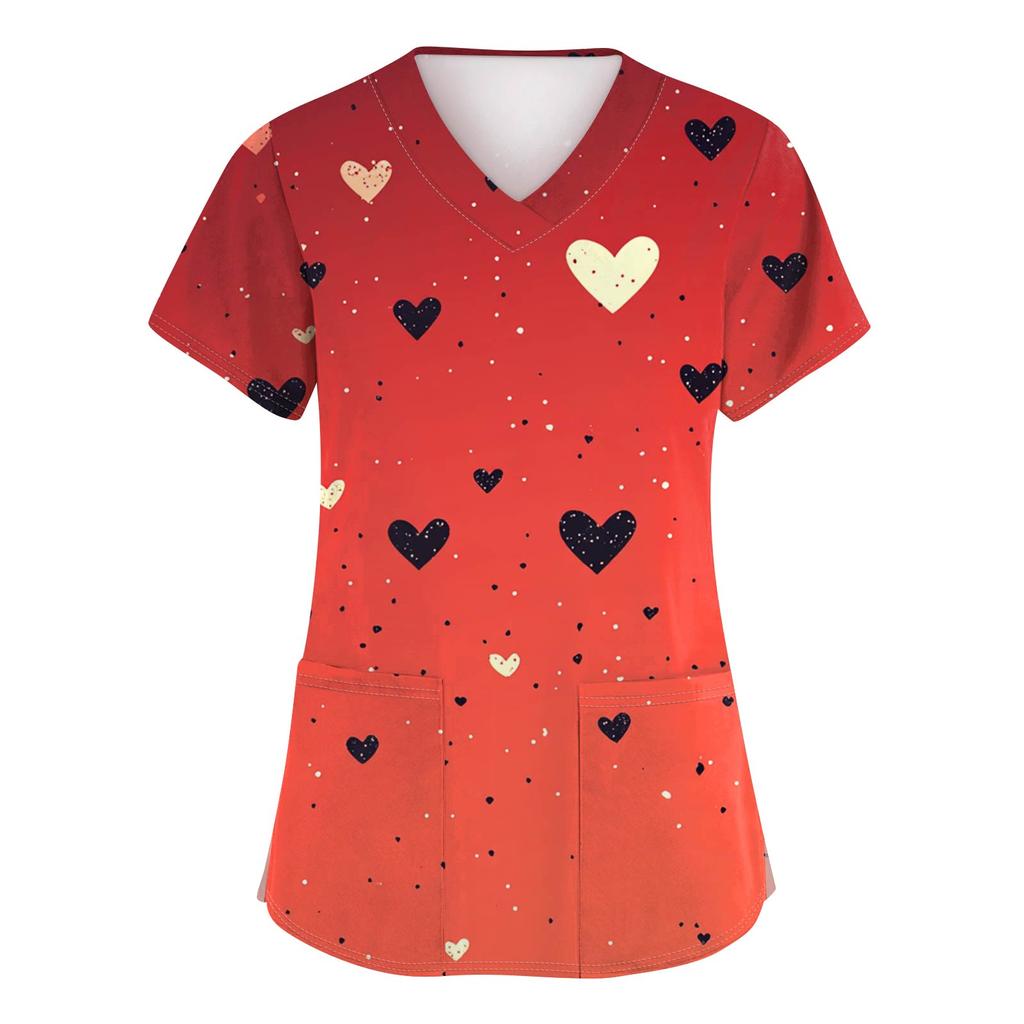 Women's Fashion V-Neck Short-Sleeved Workwear With Pockets Valentine's Day Printed Top Caregiver Uniform