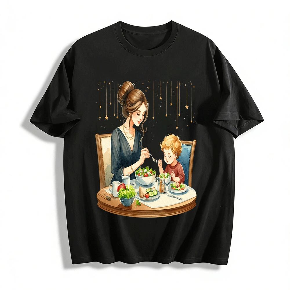 Mommy And Child Dining Time Print Casual Top Pure cotton T-shirt XXS
