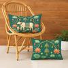 Satin Cushion Covers Green Ethnic Print with Cow, Lotus & Bell Art, 12x18 Inch (Pack of 2)