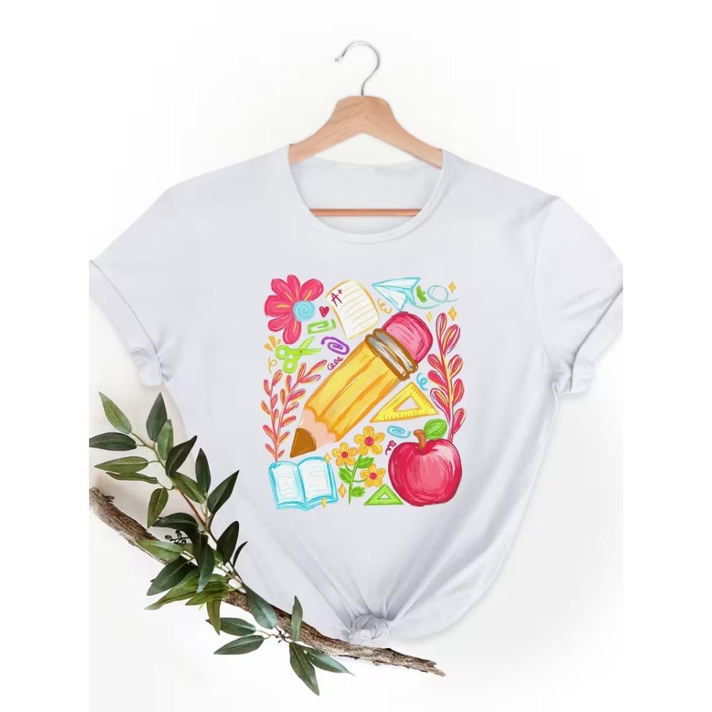Cute Girly Bunny School Coquette Graphic T-Shirt Women’s Crew Neck Short Sleeve Back To School Pastel Print Top