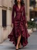 2026 European and American women's clothing, autumn new v-neck waist ruffle leaf temperament dress