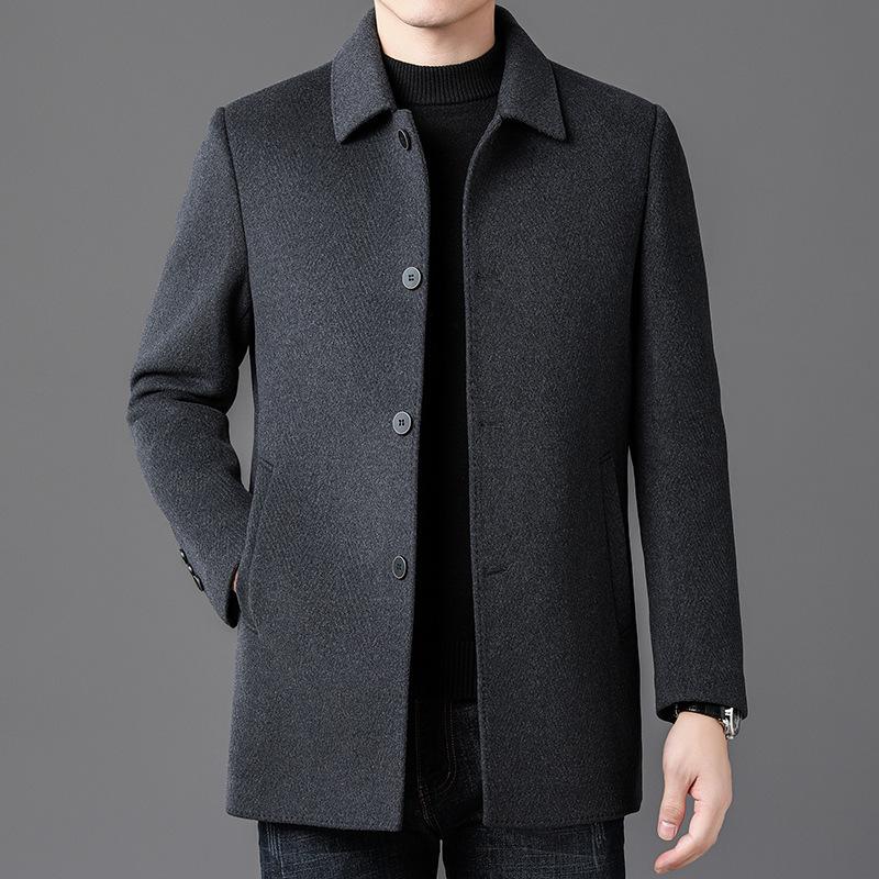 Men's High-Quality Double-Sided Cashmere Trench Coat with Goose Down Liner - Casual Woolen Coat for Middle-Aged Dads