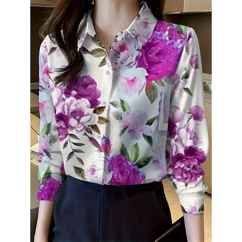New Women's Lapel Long Sleeve Shirt Casual Loose Hundred Fashion Trend Flower Pattern Ladies Daily Outdoor Travel Clothing