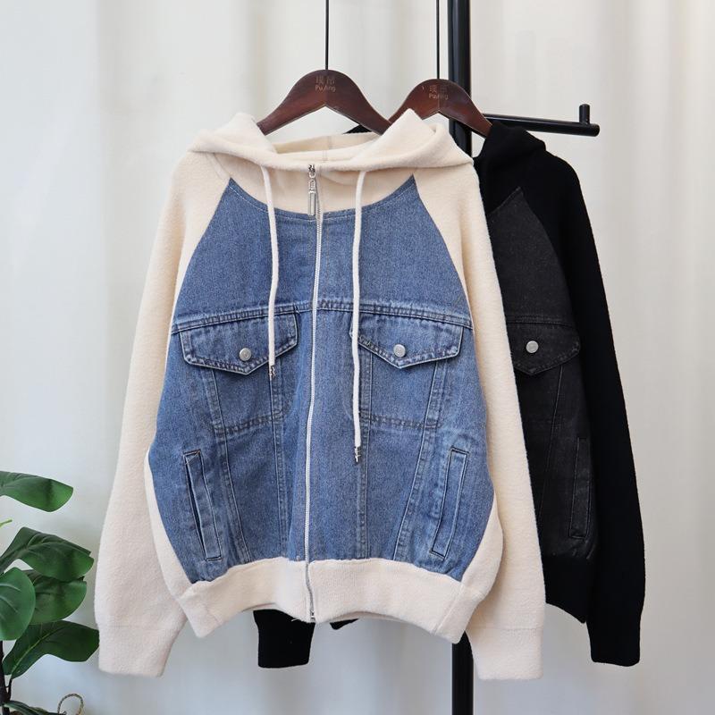Autumn and winter new hooded splicing denim sweater jacket zipper knitted double-sided cardigan women