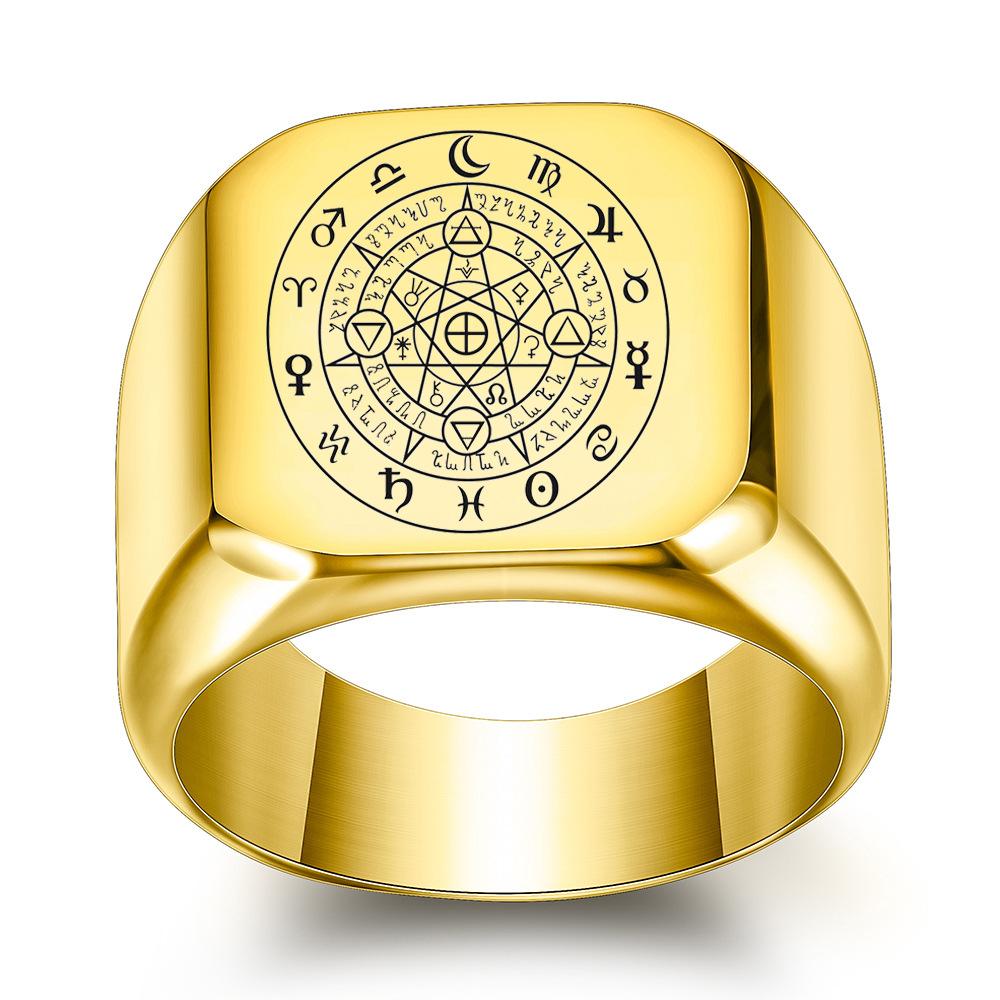 

Кольцо из титановой стали 12 Знаков Зодиака Мужское Ретро Панк Квадратное 18 мм Широкое Креативные Украшения Созвездий No. 15