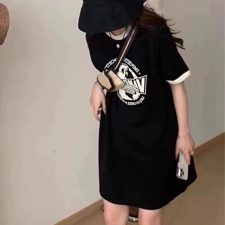 

мода черный короткий рукав повседневный свободный футболка платья harajuku летний принт с буквами женские мини-платья пуловеры уличная одежда XXL чёрный