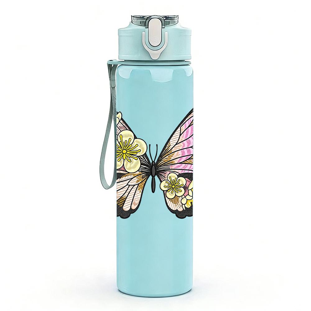 1PC Pastel Double Butterfly Floral Graphic,750ml Color Plastic Sports Water Bottle,Leakproof Flip Straw Lid,Suitable for Sports Office Home Use
