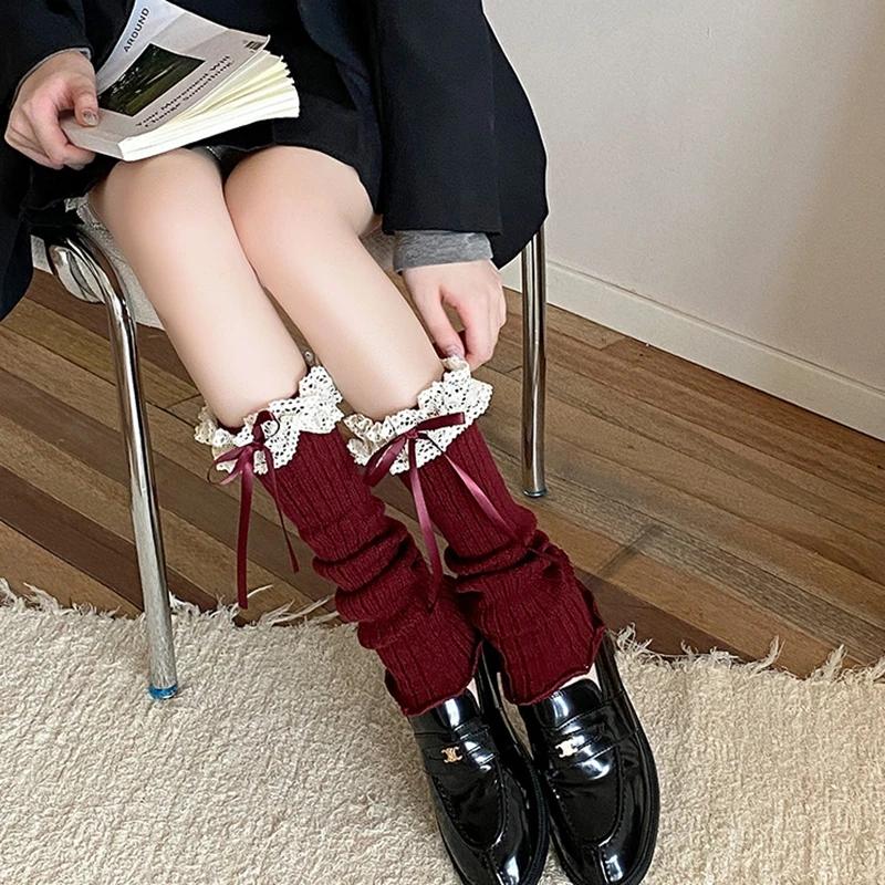 Autumn Winter Leg Warmers Woman Lolita Lace Bowknot Knitted Socks Girls Knee Warmers Long Stockings Warm Foot Cover Boot Socks