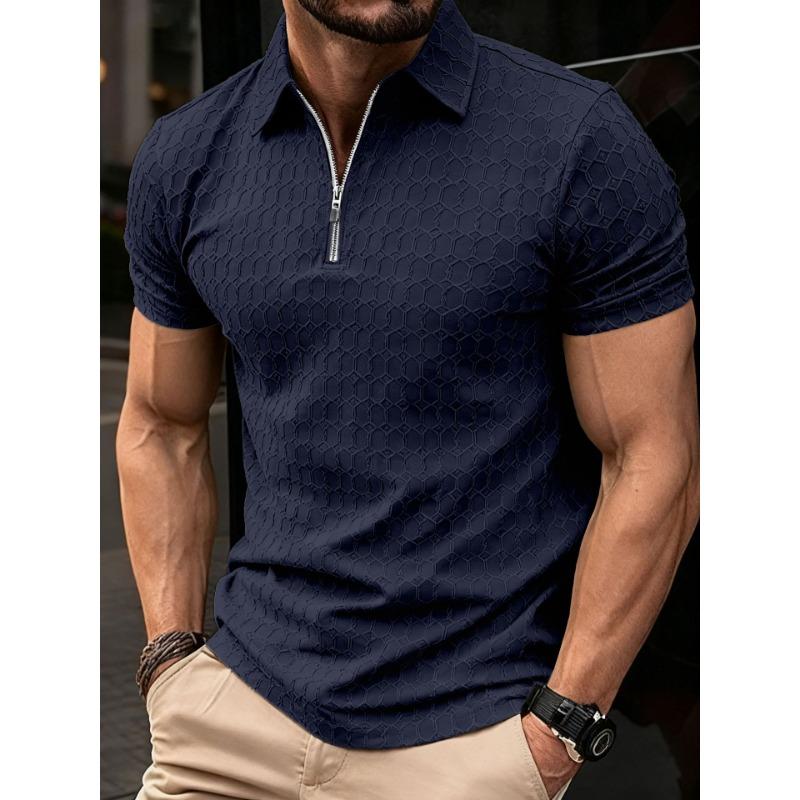 Mens Casual Zip Up Polo Shirt Short Sleeve Textured Top