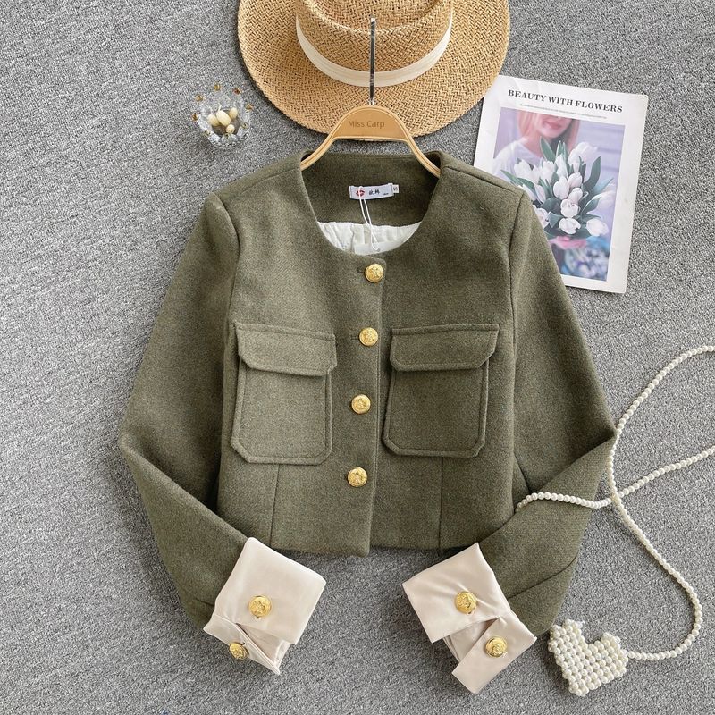 

Fujia Qianjin Winter Woolen Coat Women s Stylish Color Matching Long Sleeves Short Large Pocket Silm Shawl Cardigan Fashion Green M