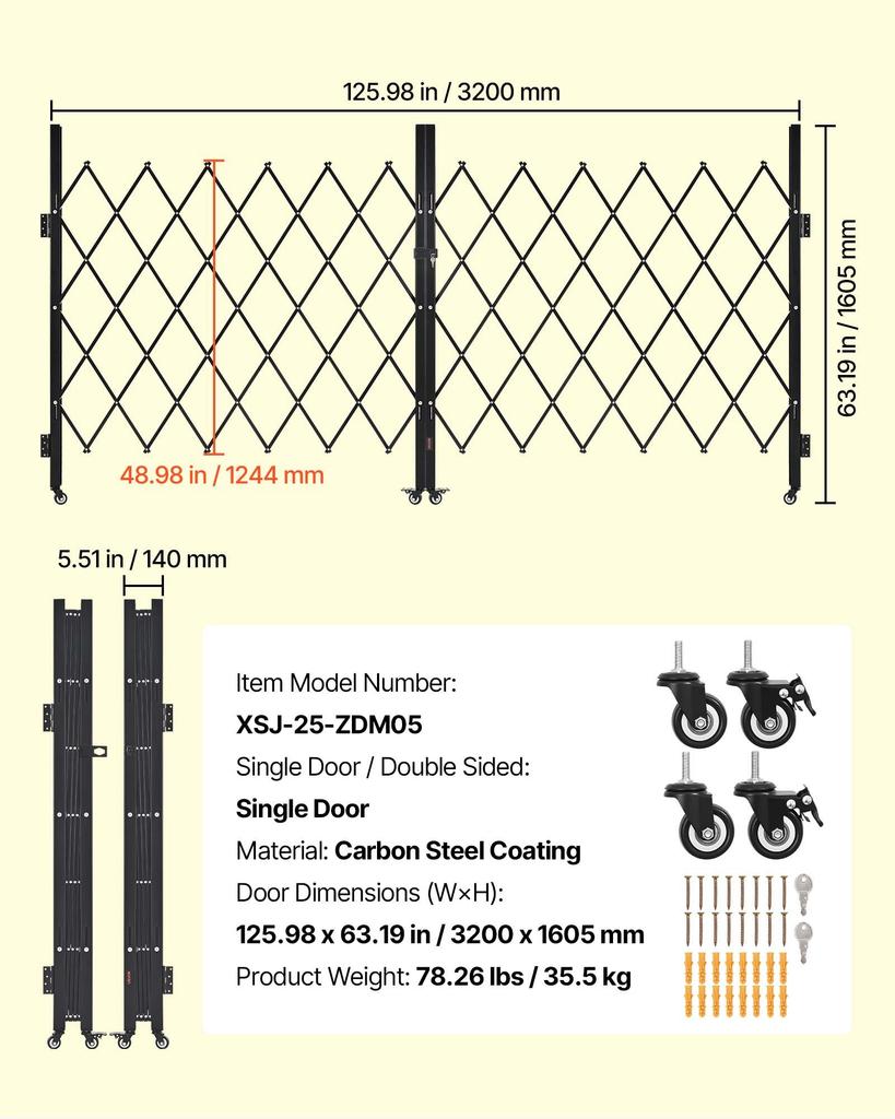 VEVOR Double Folding Security Gate, Lockable Scissor Gate with 360 Degrees Swivel Casters, Outdoor Barricade Steel Retractable Gates