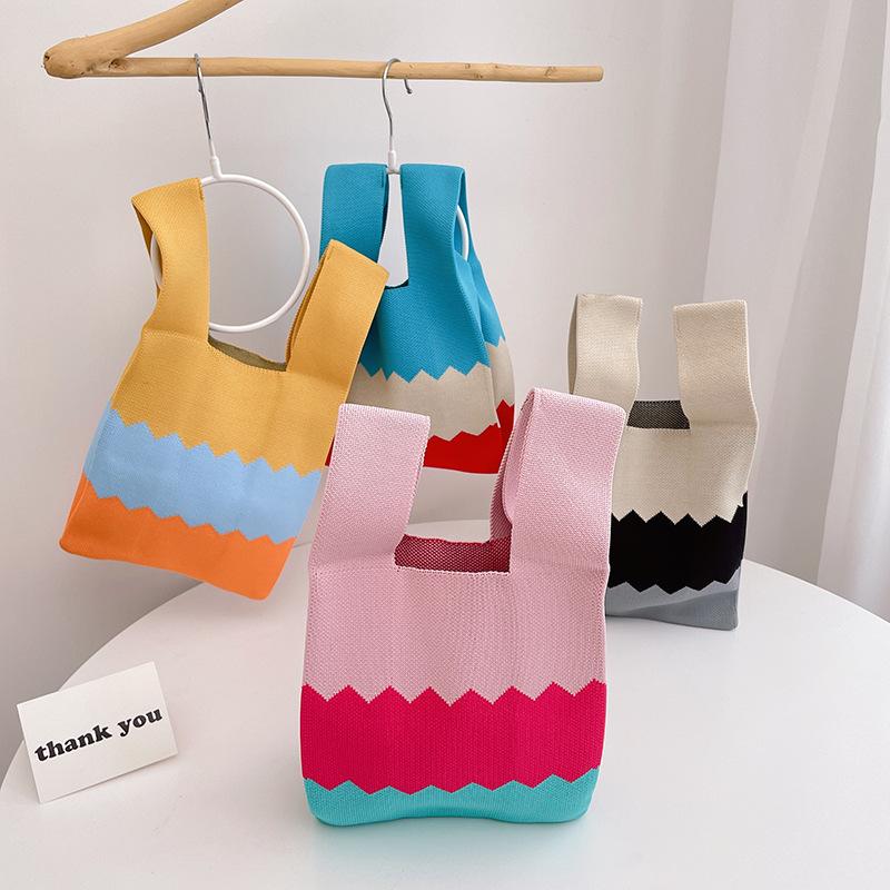 Yogodlns Sommer Strikket Strandveske For Kvinner Liten Stripe Vevet Retikulert Topphåndtak Veske Dame Firkantede Skuldervesker Mote Håndvesker