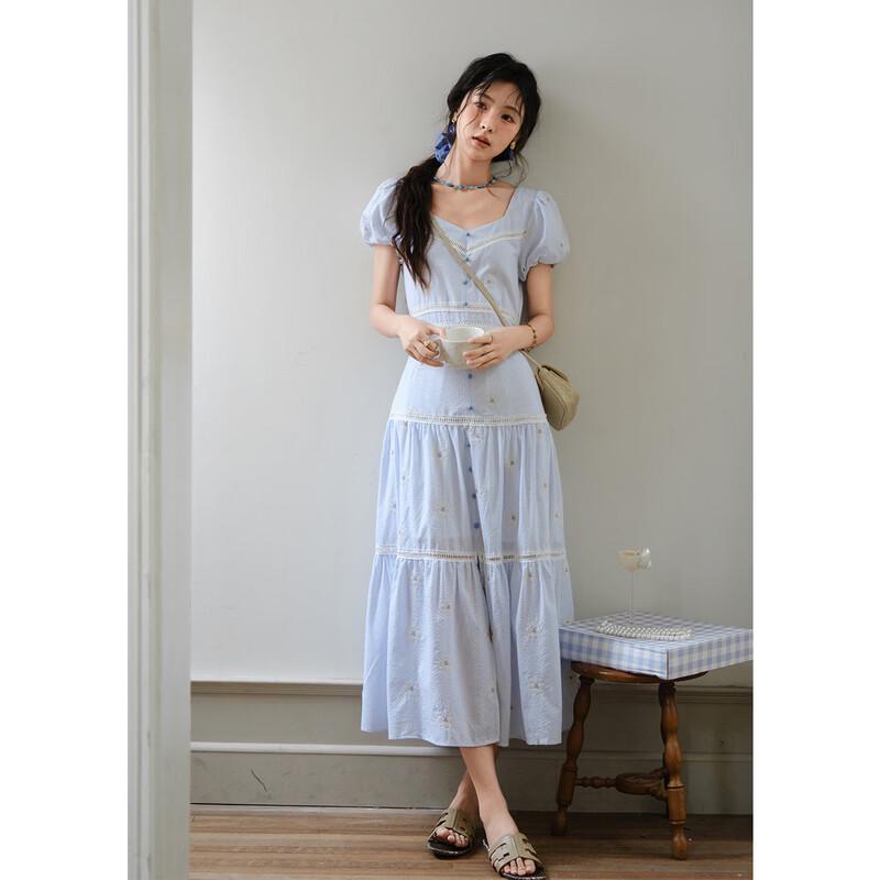 French Sweet Embroidered Puff Sleeve A-Line Dress L