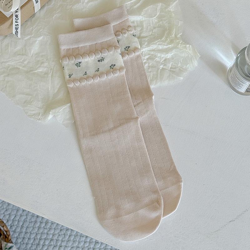 

Floral Patchwork Socks - Size 2 Mid-Calf Socks, Sweet Bubble Mouth Edging, Layered Socks, Boneless 1 pair рожевий