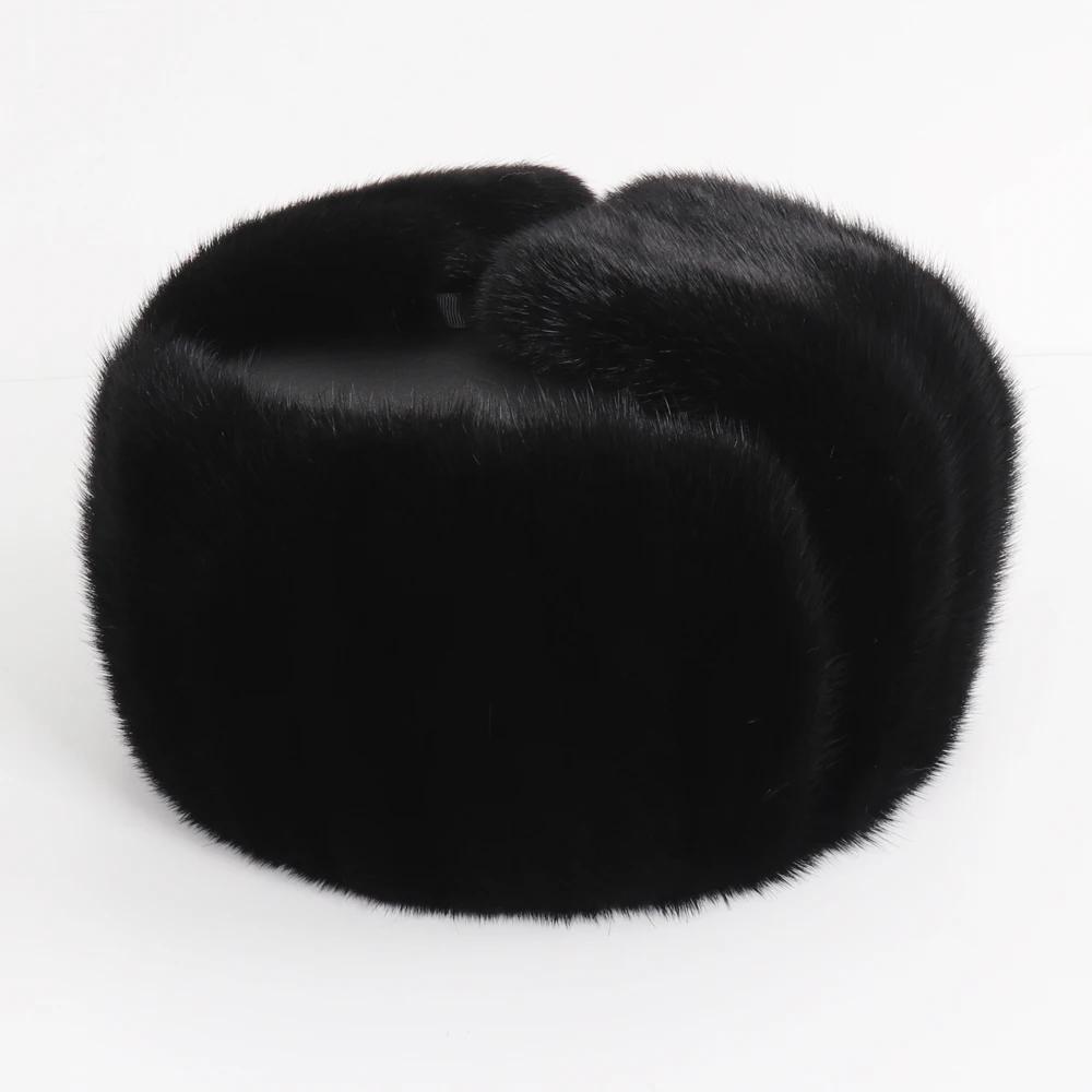 New Winter Men Outdoor Real Mink Fur Bomber Hats Male Super Warm 100% Natural Mink Fur Hat Luxury Man Real Sheepskin Leather Cap