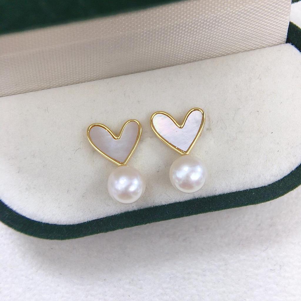 Natural Freshwater Pearl & Mother-of-Pearl Heart Earrings, Sterling Silver Studs - Fashion Gift