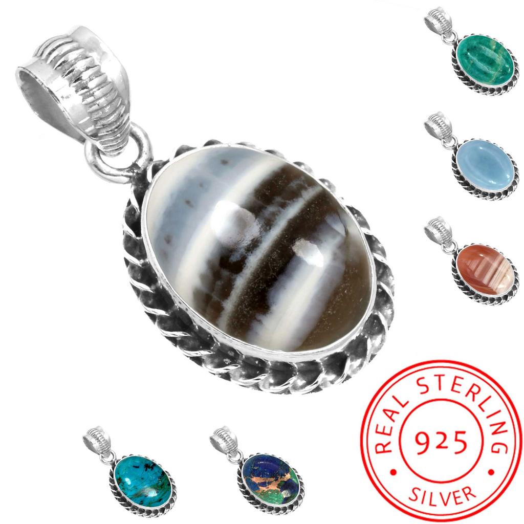925 Sterling Sølv Anheng Kvinner Edelsten Håndlaget Smykke Forlovelsesgave Amazonitt Angelitt Blå Opal Botswana Agat Mohave Azuritt Chrysocolla