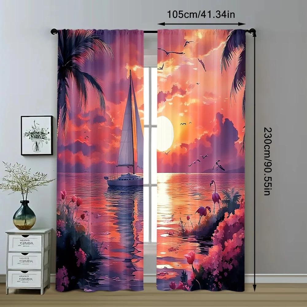 2pc    Curtains Flamingo Sunset with Sailing Durable 100% Polyester Fabric  Without Electricity Birthday Party Use for Holiday