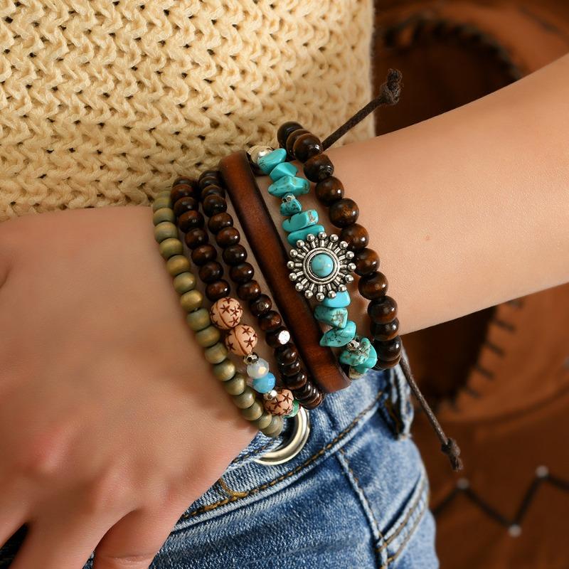 6-Piece New Wooden Bead Beaded Turquoise Bracelet Suitable for Daily Wear by Men and Women