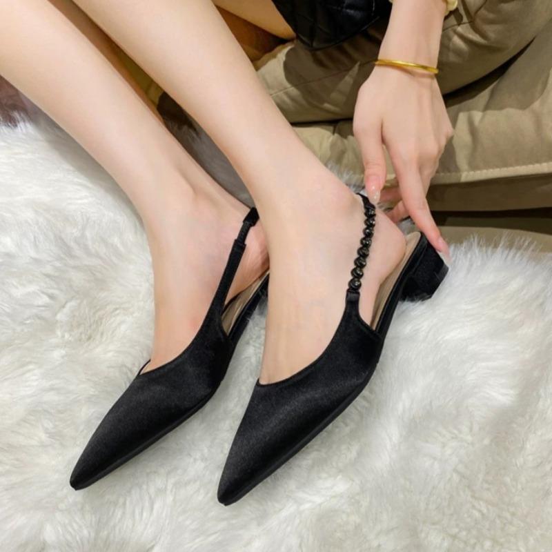 Spring New Baotou Sandals Pointed Head Shallow Mouth Bead Line with Soft Sole Anti-slip Wear-resistant Thick Heel Shoes