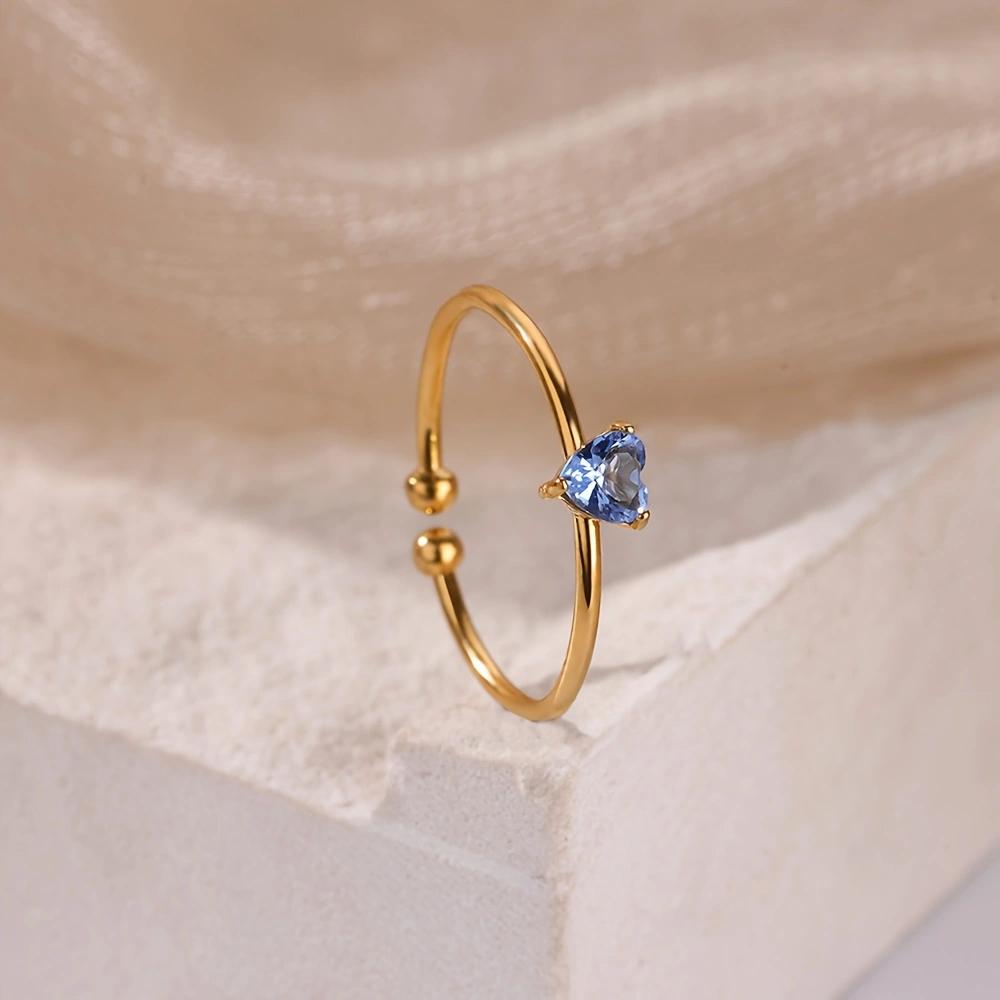 2025 Birth Colorful Cubic Zircon Heart Opening Rings For Women Fashion Dainty Stainless Steel Princess Ring Jewelry Wedding Gift