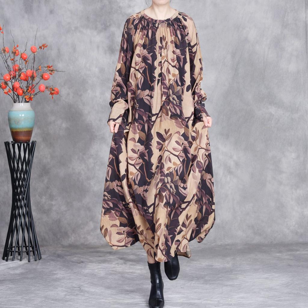 Johnature Women Spring Print Floral Dresses O-Neck Long Sleeve High Quality Loose Soft Women Long Dresses