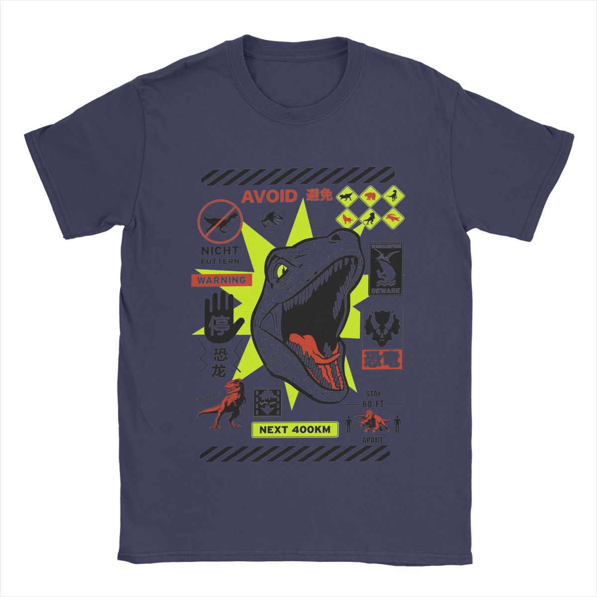 

Мир Юрского периода Предупреждение Осторожно Знак Японский Постер Мужская Футболка Повседневные Футболки с Коротким Рукавом Хлопок Летняя Одежда XXXXXL темно-синий