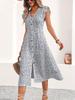 European and American Women's Clothing Waist Swing Dress, Small Floral Medium and Long Dress, Short-sleeved Button V-neck Dress