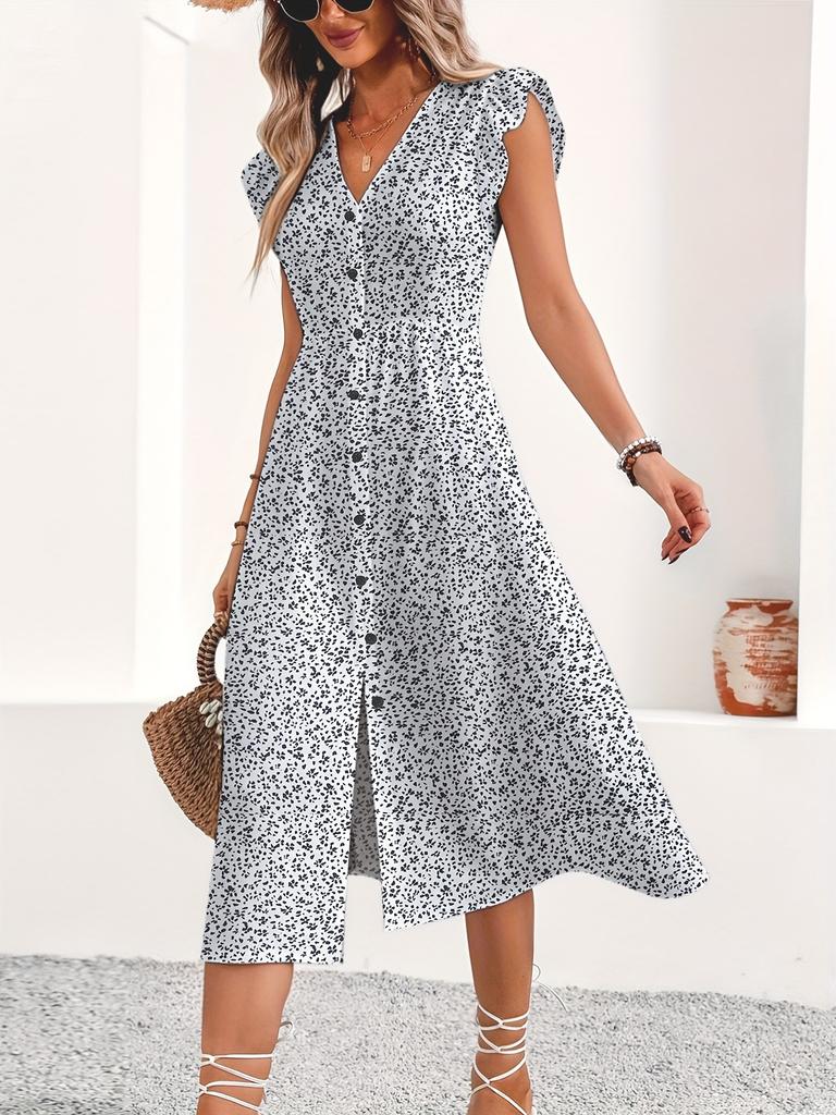 European and American Women's Clothing Waist Swing Dress, Small Floral Medium and Long Dress, Short-sleeved Button V-neck Dress