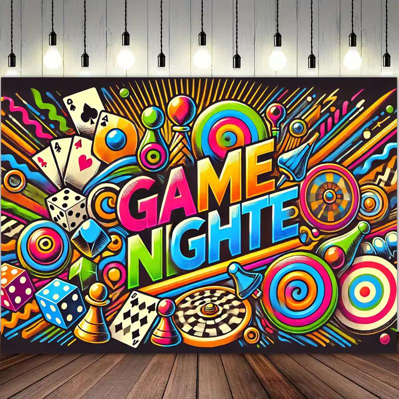 

2D Game Night Graffiti Banner, Bright Party Decor with Game Icons 47.2x31.5inch/120*80cm