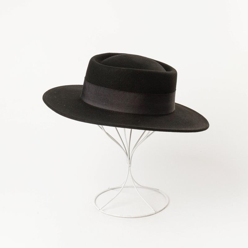 Neuer ringförmiger flacher Wollfilz-Zylinderhut mit breiter Krempe, Damenmode Frühling, Herbst und Winter flacher Wollzylinderhut