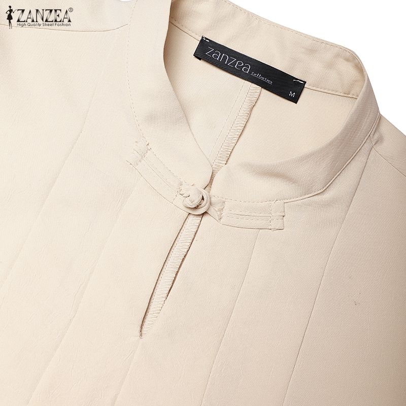 ZANZEA Women Casual Stand Collar Loose A-Line Short Sleeve Dress