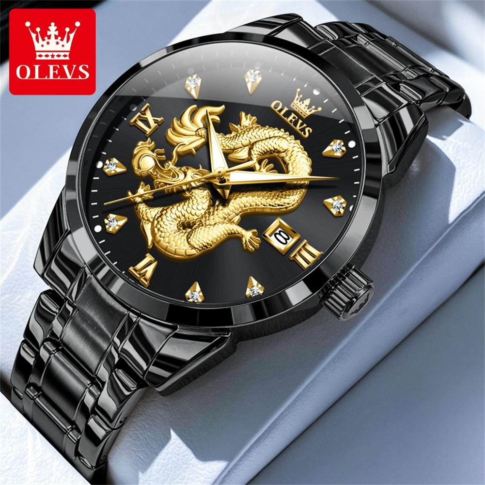 OLEVS Mens Watches Top Brand Luxury China Loong Dragon Dial Gold Quartz Watch for Men Waterproof Luminous Date Fashion Wacth Men