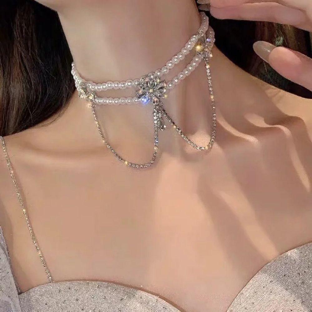 Fairy Rhinestone Mesh Female Multi-layer Necklace Baroque Choker Clavicle Chain Pearl Necklace