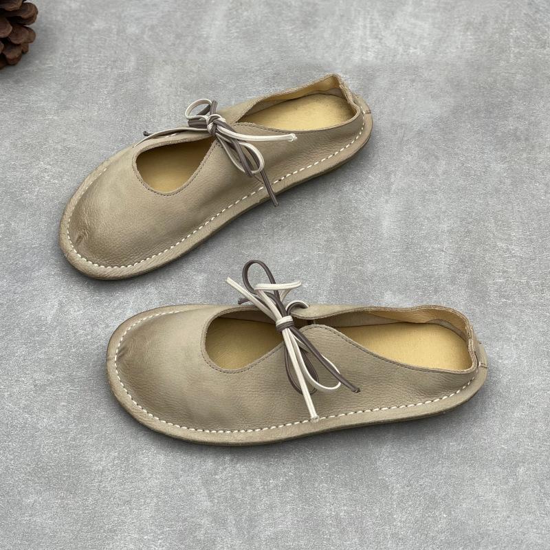 Johnature Handmade Genuine Leather Flat Slippers Round Toe Retro Soft Soled Women's Outdoor Slip-on Shoes