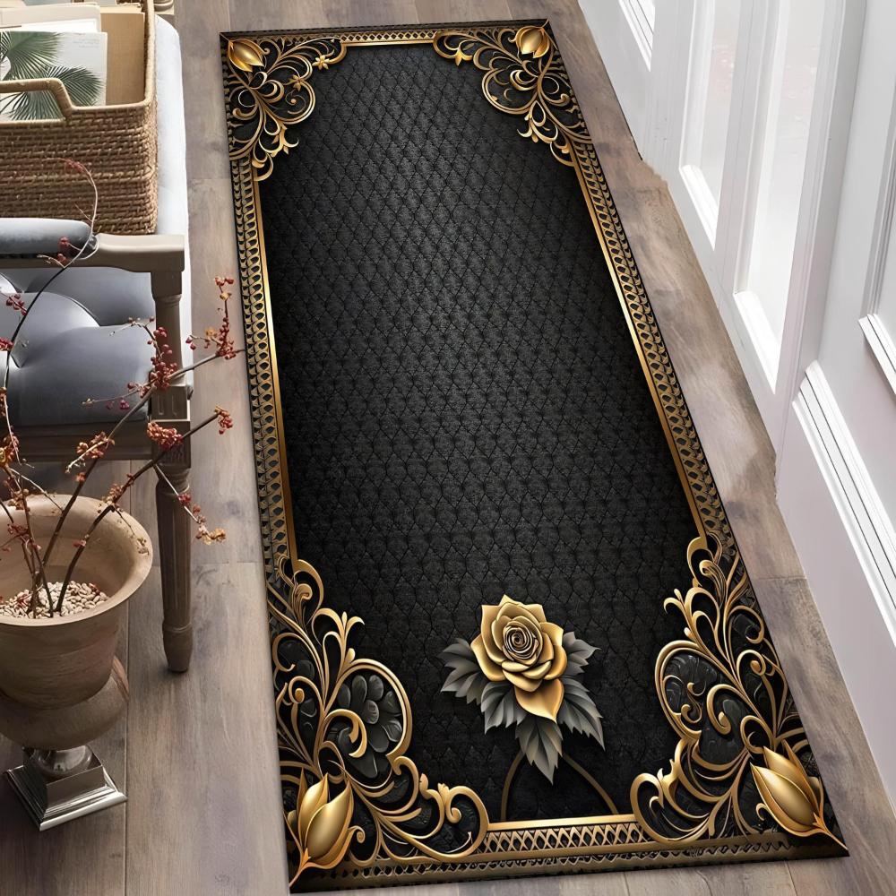 Antique Golden Cross Cream Rose Border runner rug hallway entry foyer chapel farmhouse cottage bedroom durable mat gift