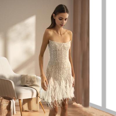 Dames Avondjurk Pailletten Pluizige Bont Decor Mouwloos Off Shoulder Skinny Schede Rugloos Gala Banket Mini