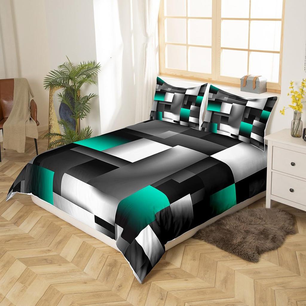 Grid Square Three-Piece Quilt Cover 3D Digital Printing Bedding Set Bed Cover