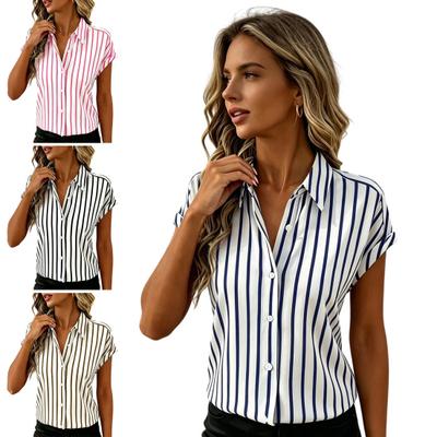 Women Shirt Drop Shoulder Short Sleeves Button Placket Striped Print Summer Shirt Loose Fit Soft Stretchy Tops Daily Wear