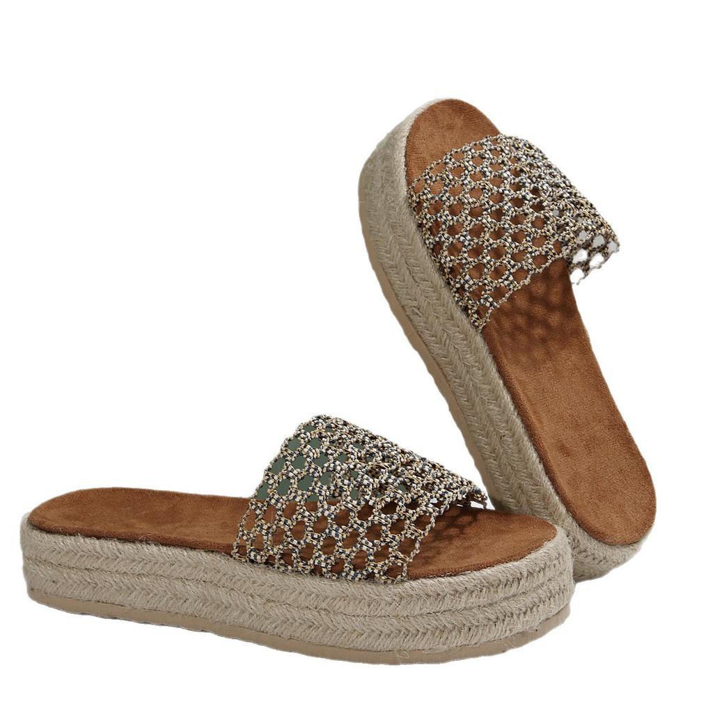 Fashion Straw Hemp Rope Simple Middle Heel Slippers Hollow Sexy Thick Bottom Casual Beach Slippers