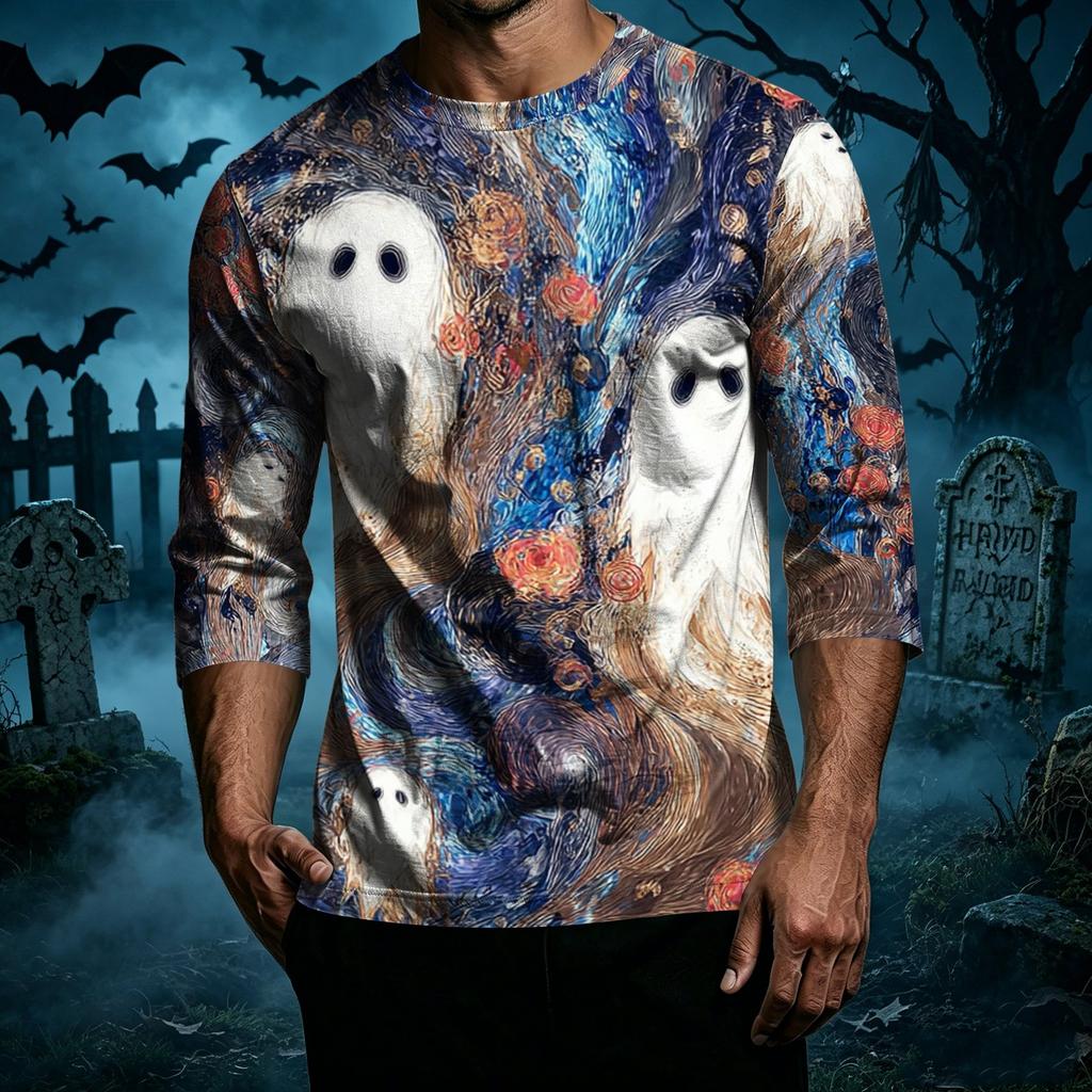 Men's Casual Halloween Print Crew Neck T Shirt Three Quarter Sleeve Top Lightweight Comfortable Fit Stylish Design