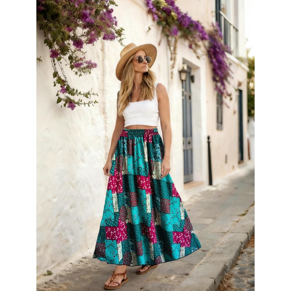 Plus Size, Plus Size Women's Elastic Waist Rose Print Long A-Line Bohemian Vacation Beach Skirt