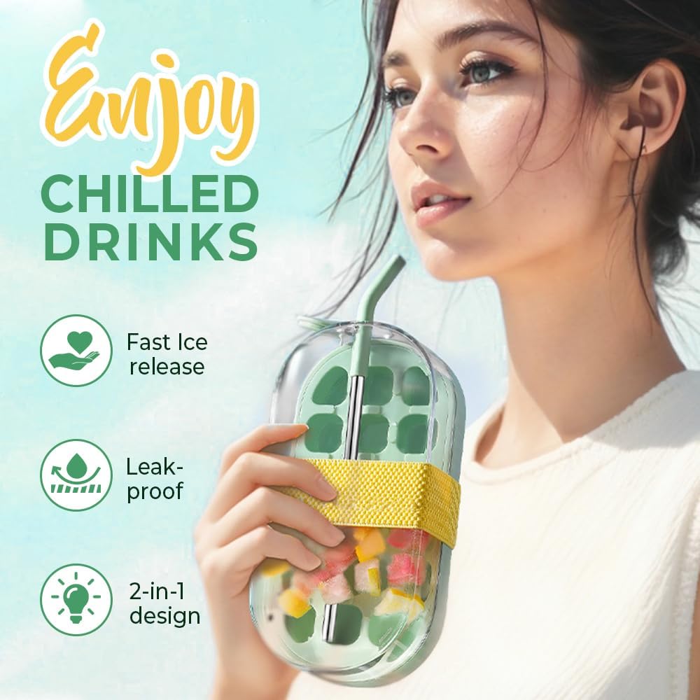 Ice Cube Molds & Trays, 2026 New 2-in-1 Ice Cube Bottle with Straw, Easy Press Ice Tray Water Bottle, Leak Proof Lid, Vertical Ice Maker