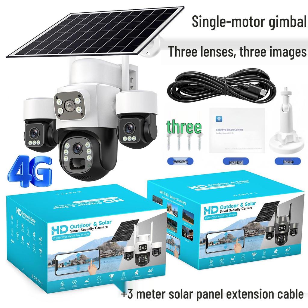 V380 Solar-Powered 4G Outdoor Camera with Triple Lens and Gimbal Rotation