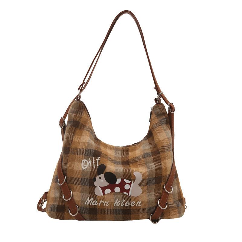 Letters Kieen Marn Cotton Tote Bag Plaid Pattern Soft Structure Work Travel
