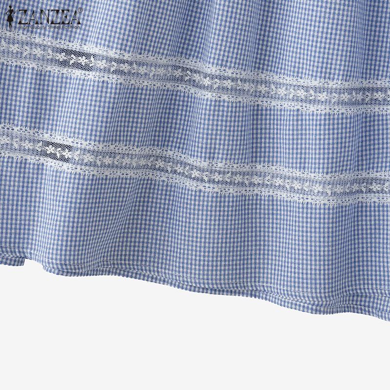 ZANZEA Blusa Casual para Mujer de Cuello Redondo, Manga Corta Holgada con Estampado de Cuadrícula