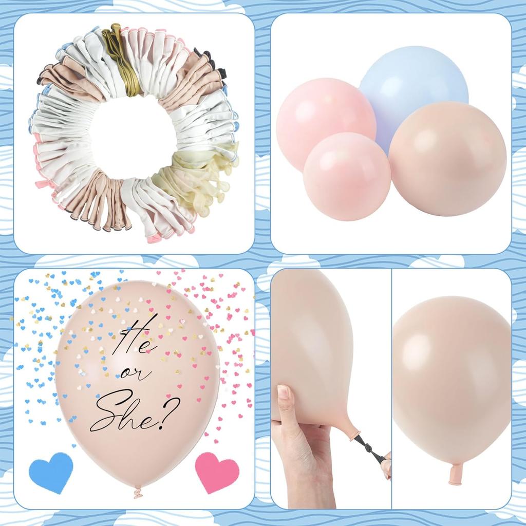 Amandir 185Pcs Gender Reveal Decorations, Double-Stuffed Pastel Pink and Blue Brown Nude Balloon Arch Kit White Cloud Hanging Moon Star Garland Boho