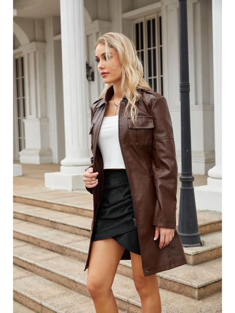 2023 European & American Mid-Length Belted Leather Trench Coat, Long Sleeve, British Style Outerwear for Women