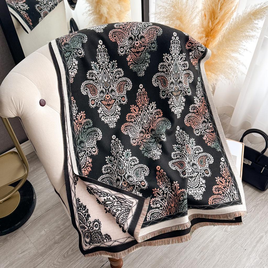 Women'S Autumn Winter Warm Faux Cashmere Scarf Jacquard Shawl Wrap Cozy Blanket Neck Protection